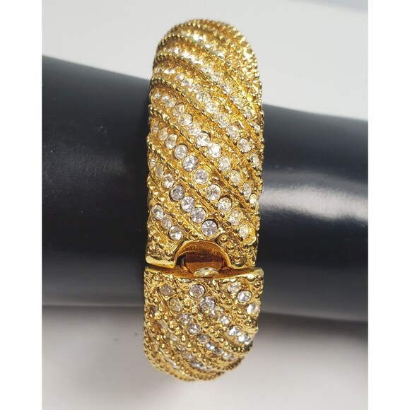 Vintage 80 Signed Joan Rivers Rhinestone Hinged Clamper Wide Bangle Bracelet 6.5 - Picture 3 of 16